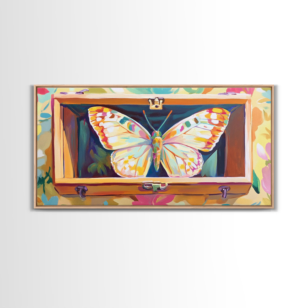 White Butterfly In Wooden Case Framed Canvas Print, Whimsical Animal Wall Art, Nature Inspired Art, Colorful Home Decor Gift