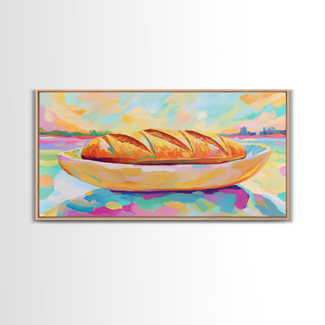 Golden Croissant On Coastal Plate Canvas Print, French Bakery Kitchen Wall Art, Beach House Decor, Cafe Poster, Food Lover Gift