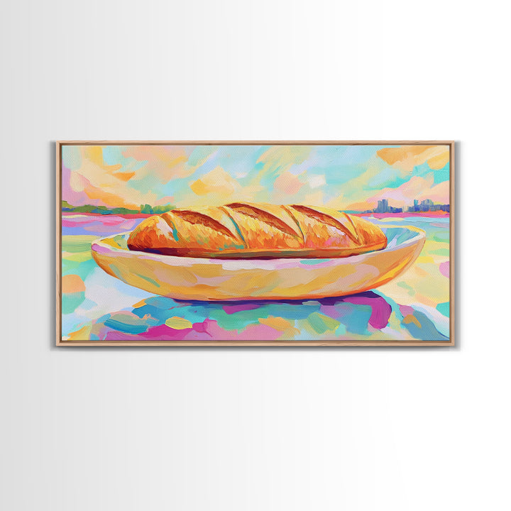 Golden Croissant On Coastal Plate Canvas Print, French Bakery Kitchen Wall Art, Beach House Decor, Cafe Poster, Food Lover Gift