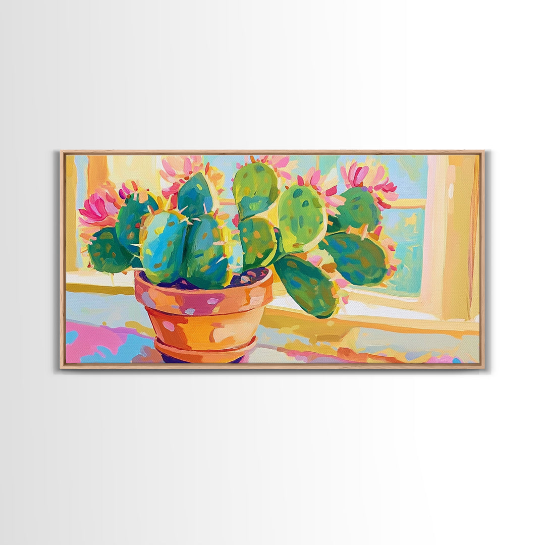 Blooming Prickly Pear Cactus Framed Canvas Print, Colorful Botanical Wall Art, Sunny Window Plant Lover Gift, Boho Home Decor