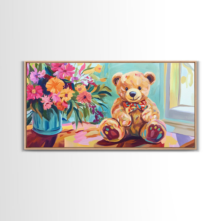 Sweet Teddy Bear With Flower Bouquet Wall Art, Colorful Nursery Decor, Kids Room Art Print, Baby Shower Housewarming Gift