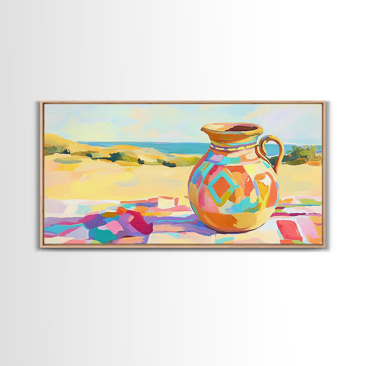 Colorful Ceramic Pitcher By Sunny Coast Framed Canvas Print, Coastal Wall Art, Mediterranean Kitchen Decor, Beach House Gift