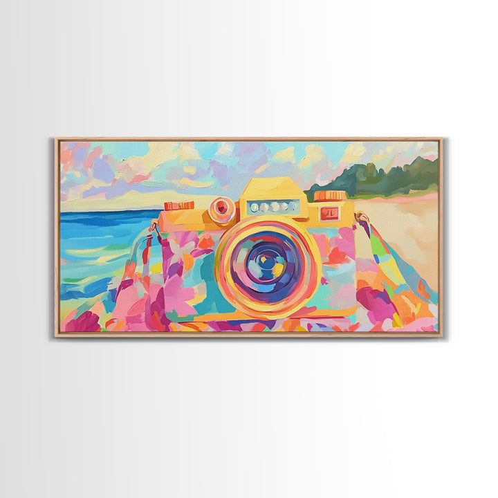 Retro Floral Camera On Sunny Beach Towel Canvas Print, Coastal Wall Art, Photography Decor, Dopamine Decor, Gift For Her