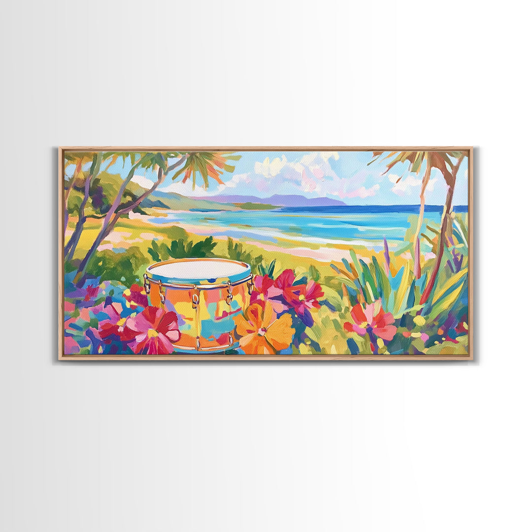 Tropical Beach Drum By Blue Ocean Wall Art, Coastal Wall Art, Beach House Decor, Vibrant Tropical Decor, Living Room Decor, Summer Gift