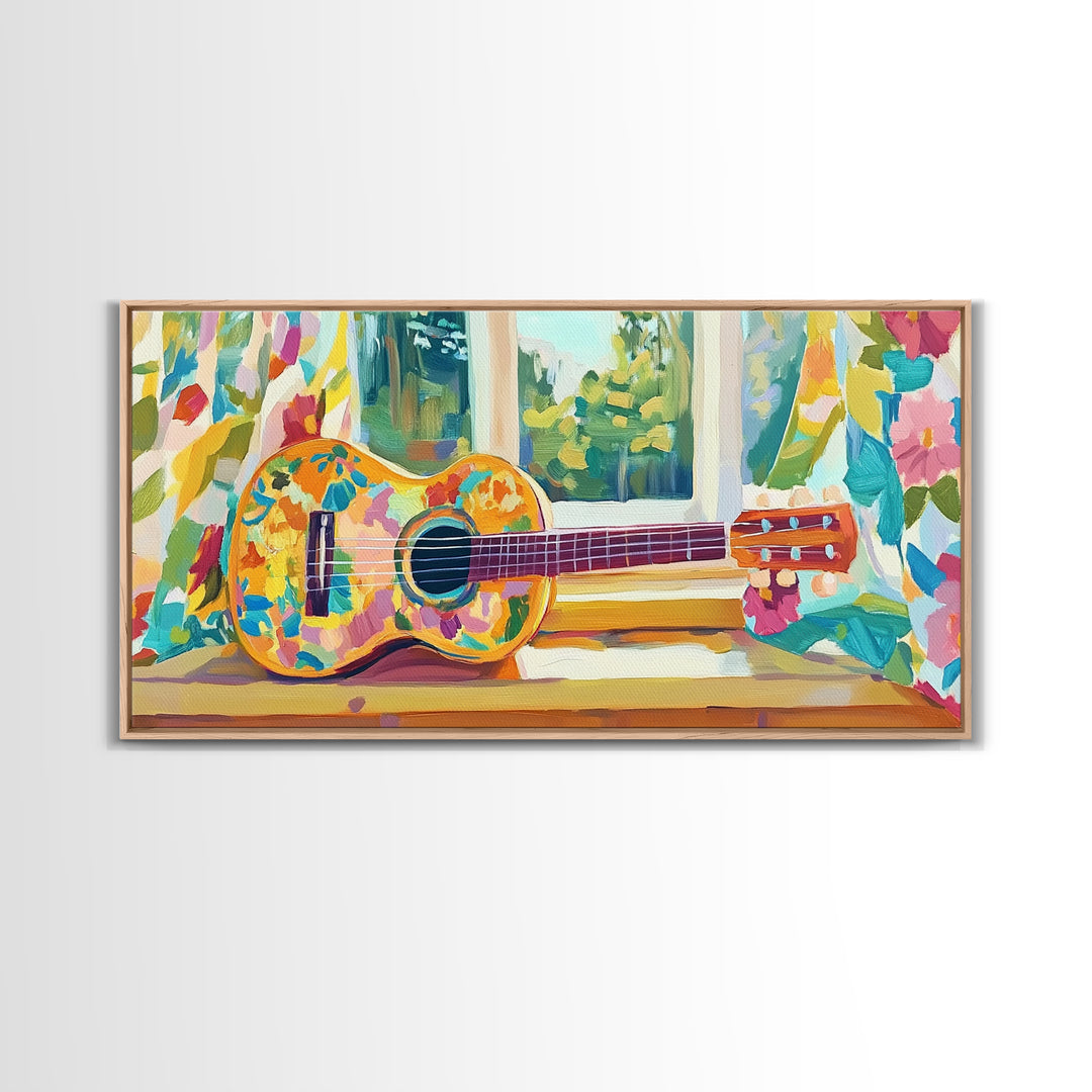 Painted Ukulele By Sunny Window Framed Canvas Print, Music Room Decor, Tropical Wall Art, Boho Home Decor, Gift For Music Lover