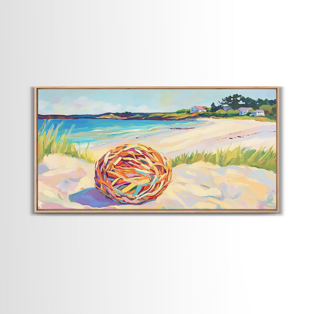 Woven Beach Ball On Sandy Shore Wall Art, Coastal Seascape Canvas, Beach House Decor, Summer Ocean Landscape Print Gift For Her