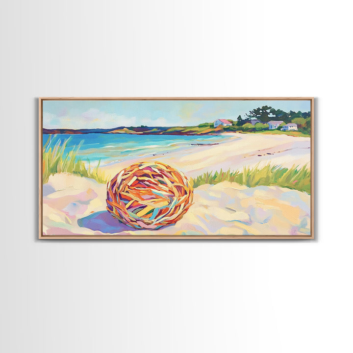 Woven Beach Ball On Sandy Shore Wall Art, Coastal Seascape Canvas, Beach House Decor, Summer Ocean Landscape Print Gift For Her