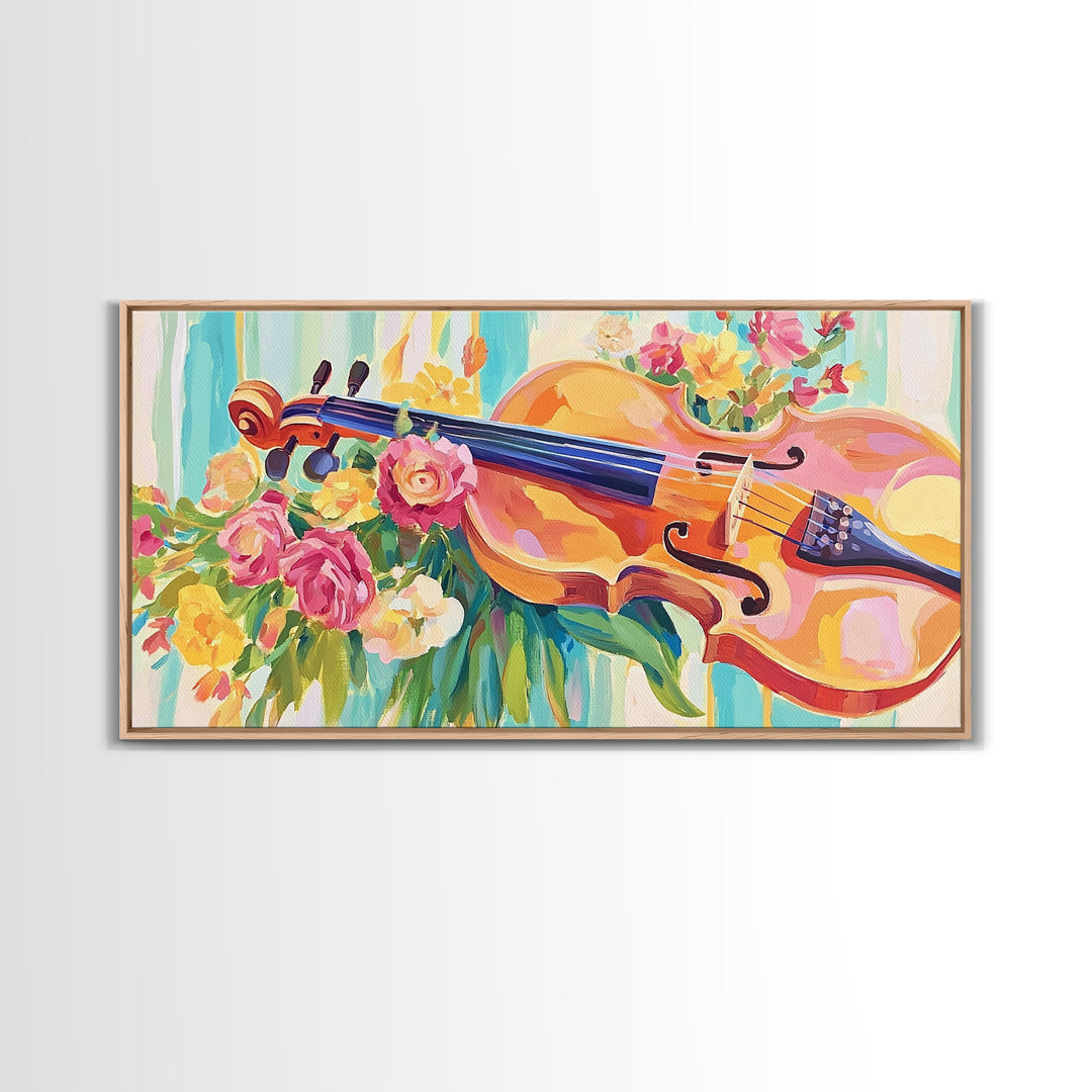 Romantic Violin With Garden Flowers Framed Canvas Print, Music Room Decor, Floral Wall Art, Gift For Music Lover, Elegant Fine Art Print