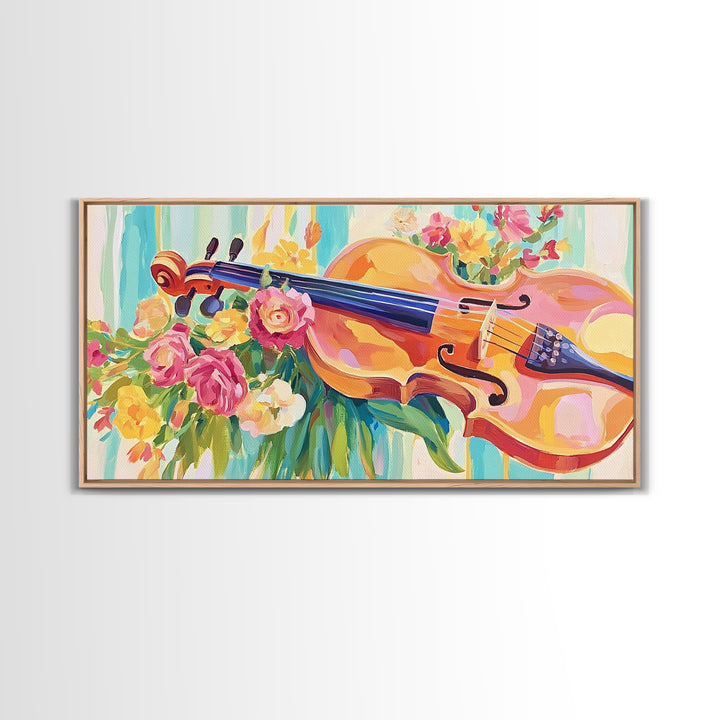 Romantic Violin With Garden Flowers Framed Canvas Print, Music Room Decor, Floral Wall Art, Gift For Music Lover, Elegant Fine Art Print