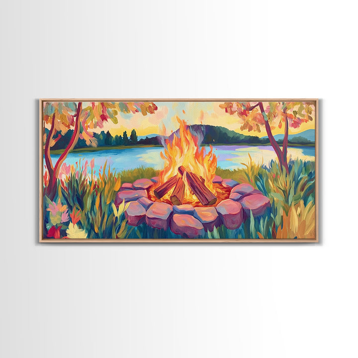 Lakeside Campfire At Sunset Framed Canvas Print, Cozy Cabin Wall Art, Rustic Home Decor, Nature Landscape Gift, Lake House Decor