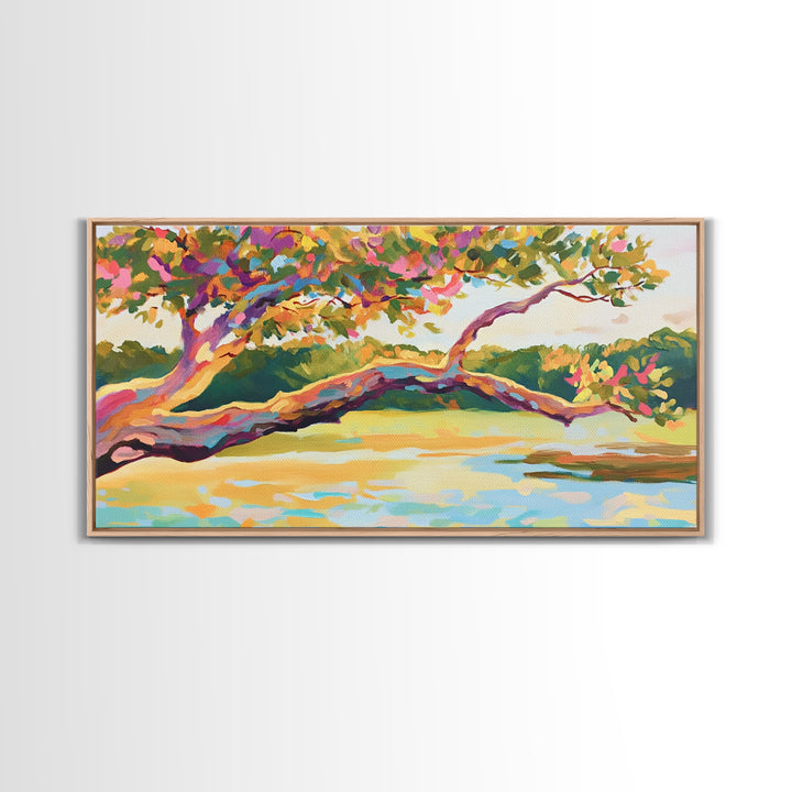 Colorful Lakeside Tree Wall Art, Vibrant Landscape Painting, Nature Canvas Wall Art, Living Room Decor, Housewarming Gift