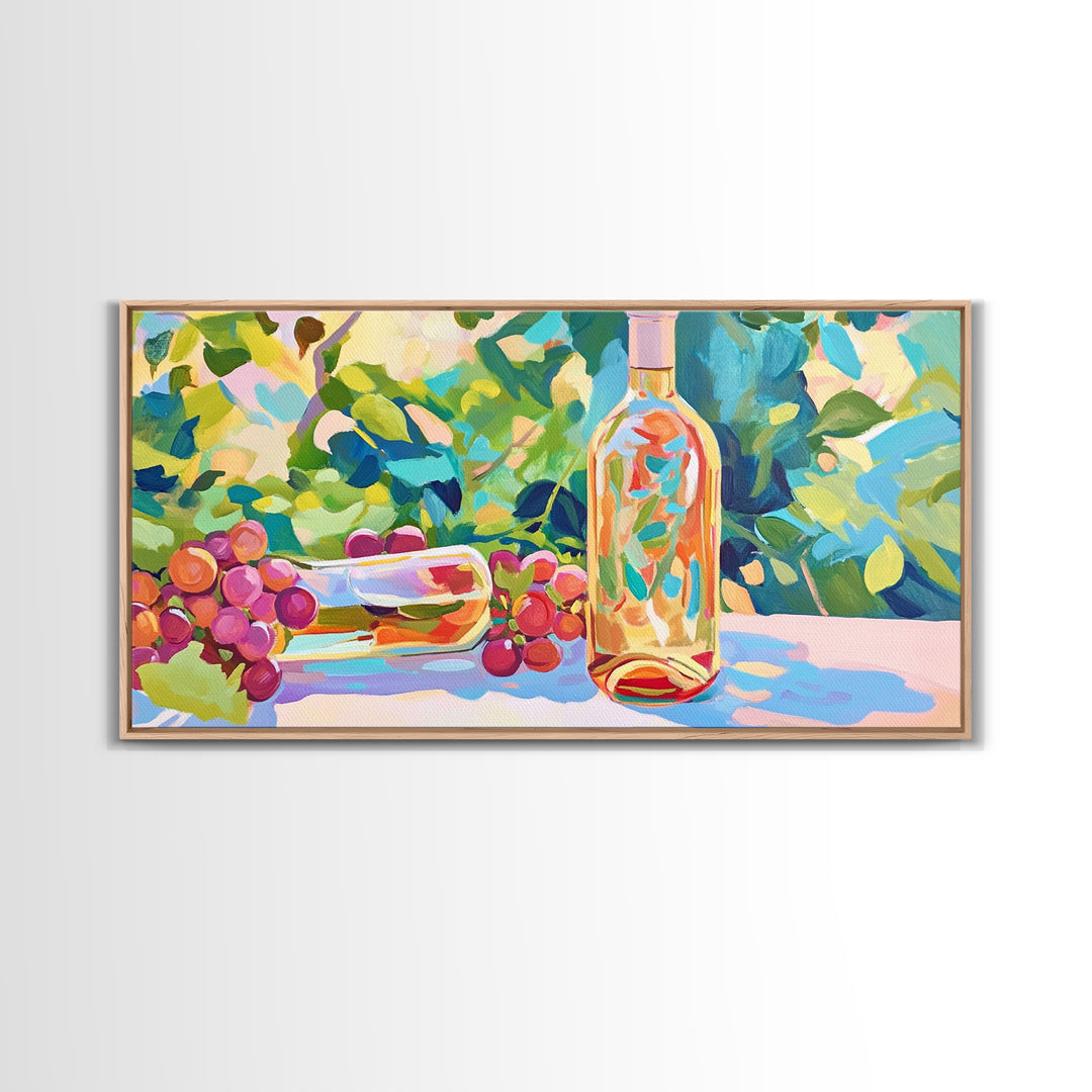 Sunlit Wine Bottle And Grapes Framed Canvas Print, Vineyard Kitchen Wall Art, Winery Decor, Wine Lover Housewarming Gift