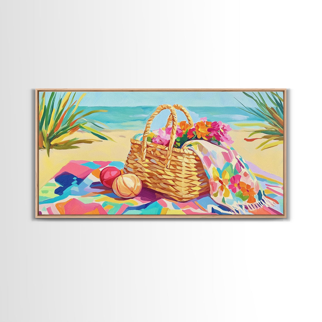Beach Picnic Basket With Flowers Wall Art, Coastal Canvas Print For Beach House Decor, Summer Living Room Decor, Gift For Her