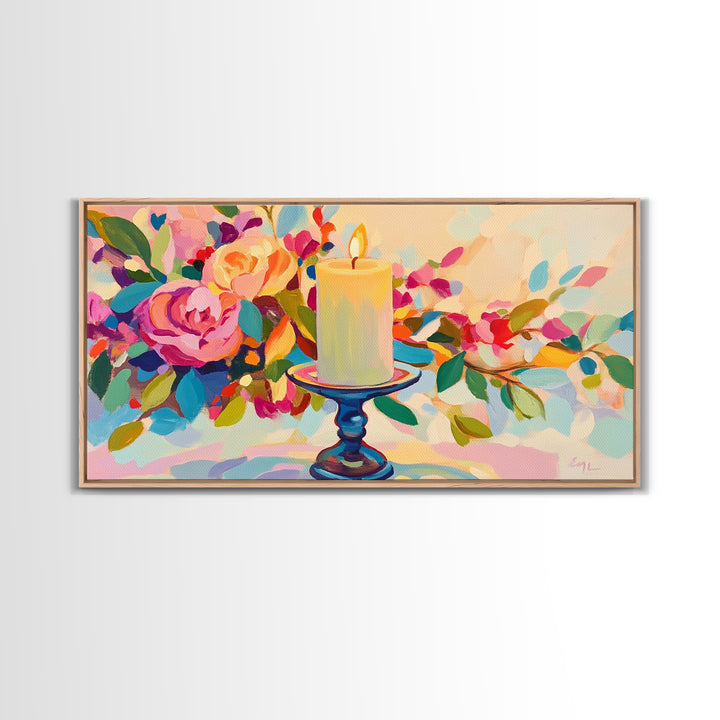 Lit Candle Among Lush Flowers Wall Art, Romantic Floral Framed Canvas Print For Bedroom Decor, Spa Decor, Gift For Her, Home Decor