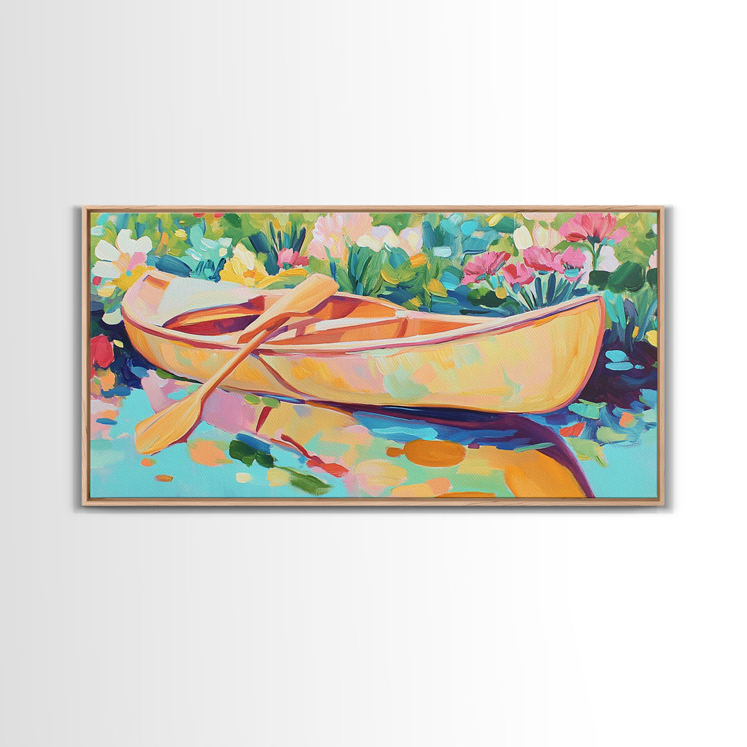 Yellow Canoe With Paddle In Floral Water Canvas Print, Coastal Wall Art, Lake House Decor, Boho Landscape, Housewarming Gift