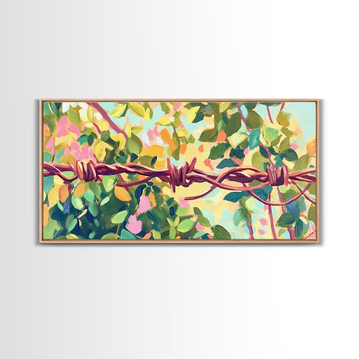 Barbed Wire And Green Vines Canvas Print, Rustic Farmhouse Wall Art, Country Decor, Western Wall Decor, Nature Art, Ranch Decor