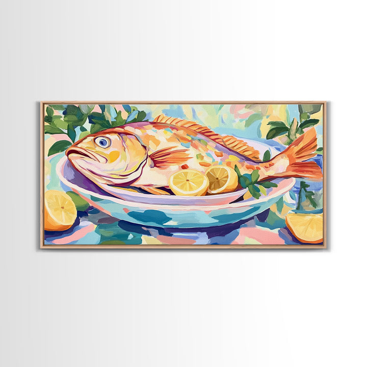 Whole Fish With Lemons On Platter Canvas Print, Coastal Kitchen Wall Art, Seafood Wall Decor, Nautical Home Decor Gift Idea