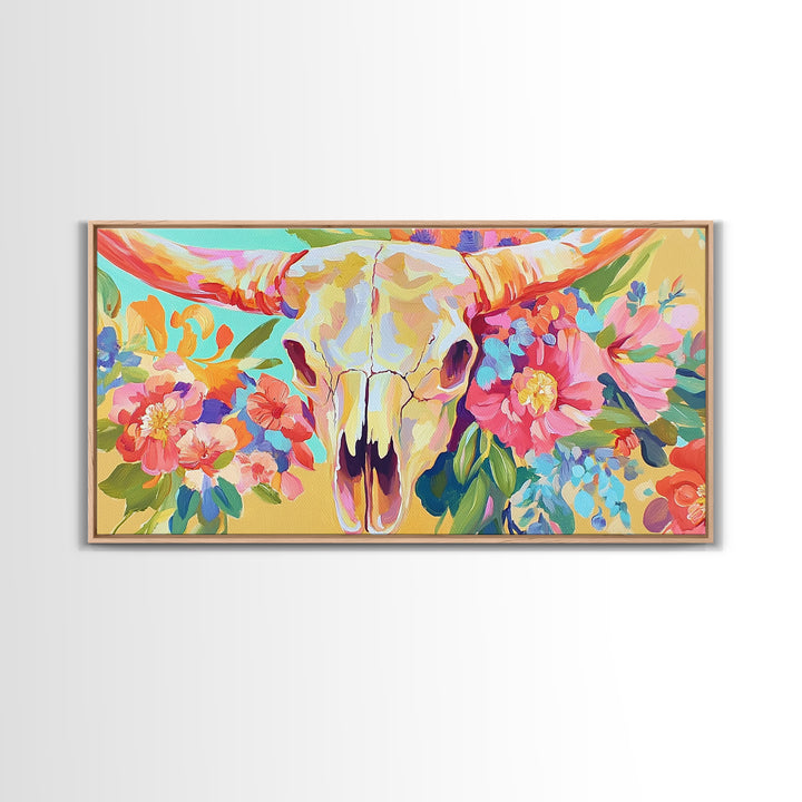 Floral Longhorn Skull With Pink Blooms Wall Art, Western Canvas Print, Cowgirl Decor, Boho Southwestern Housewarming Gift