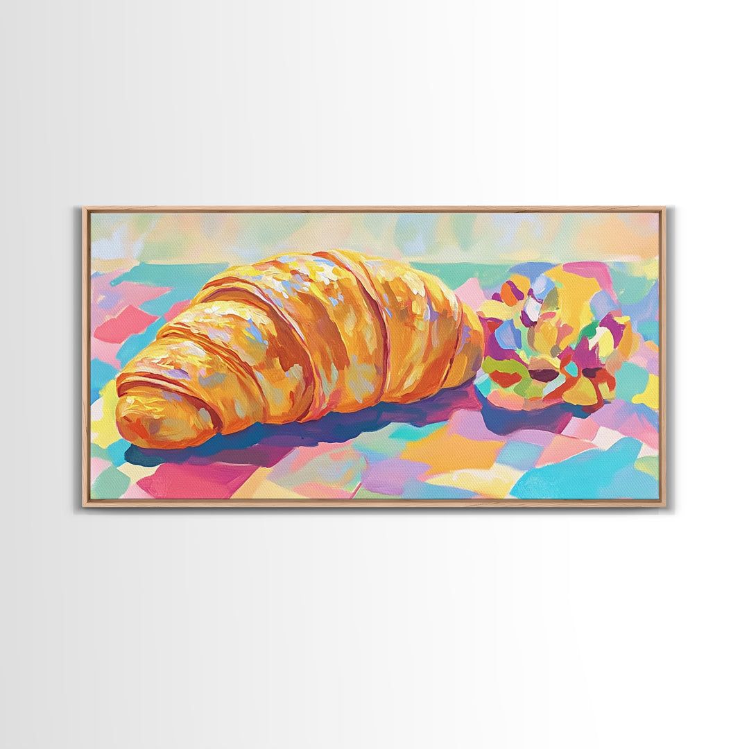 Golden Croissant And Macaron Wall Art, French Bakery Canvas Print, Cafe Kitchen Decor, Food Art Print, Sweet Gift For Baker