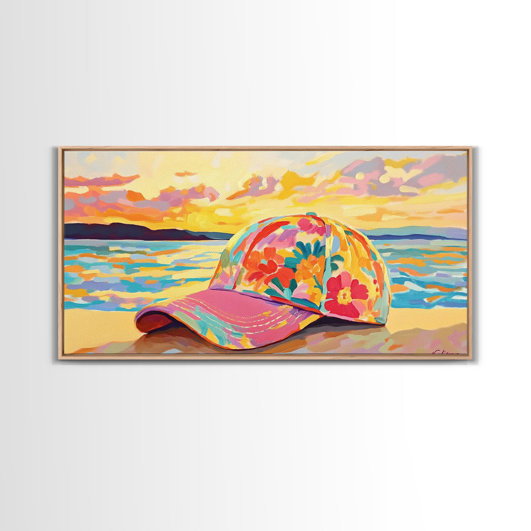 Floral Baseball Cap Wall Art, Beach Sunset Canvas Print, Coastal Cowgirl Decor, Ocean Wall Art, Summer Gift For Her, Beach House Decor