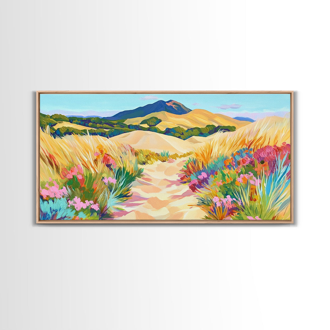 Golden Dune Path Canvas Print, Wildflower Landscape Wall Art, Coastal Desert Decor, Mountain Wall Art, Large Horizontal Art