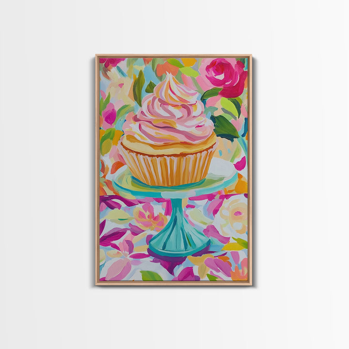 Pink Cupcake On Turquoise Cake Stand Wall Art, Cute Bakery Canvas Print For Kitchen Decor, Girls Room Art, Gift For Baker