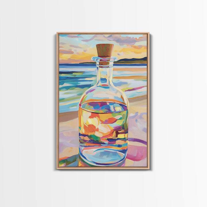 Glass Bottle At Sunset Beach Wall Art, Coastal Canvas Print For Ocean Decor, Seascape Art, Beach House Decor Gift For Her