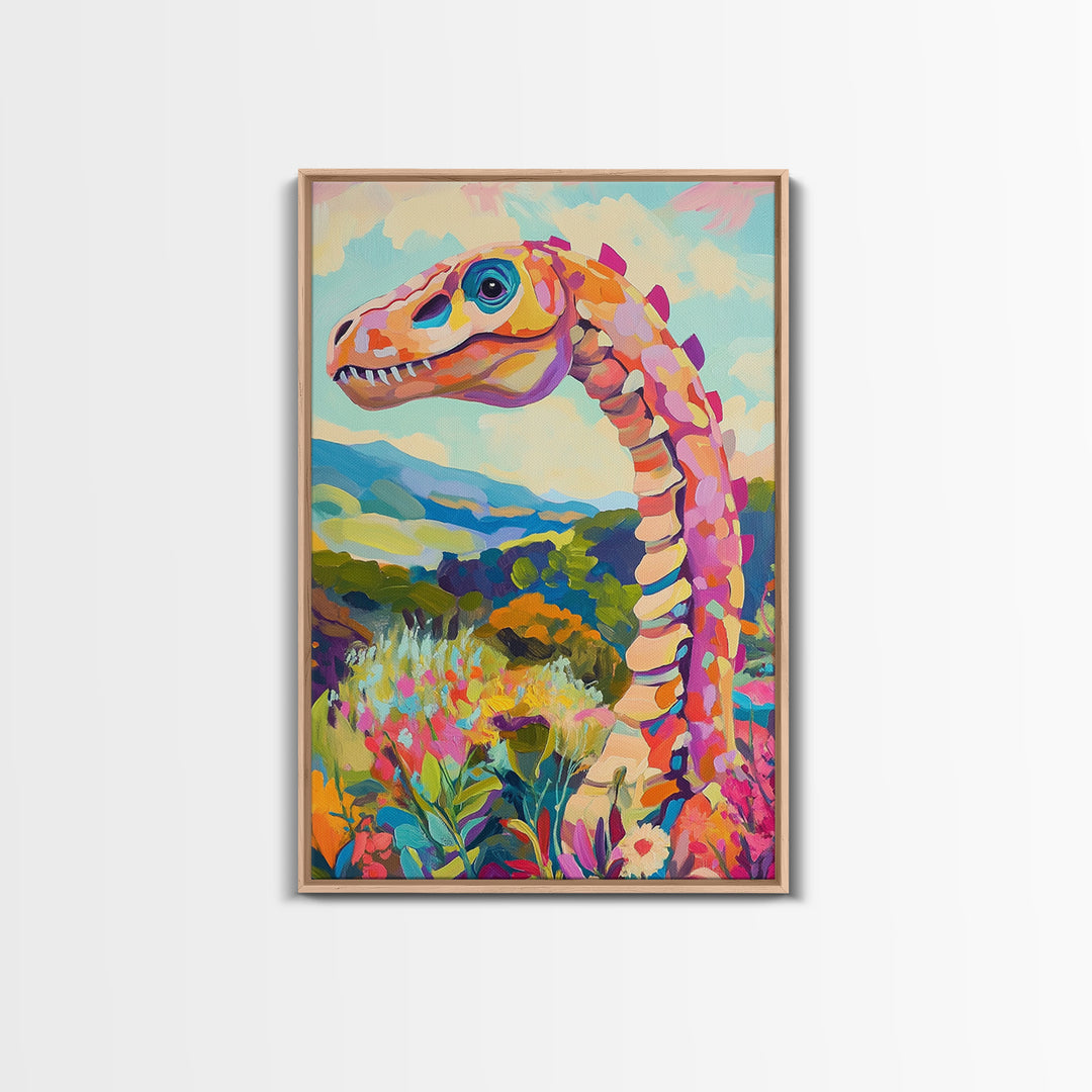 Whimsical Dinosaur In Colorful Hills Framed Canvas Print, Kids Room Wall Art, Nursery Decor, Fantasy Landscape Art Gift Idea