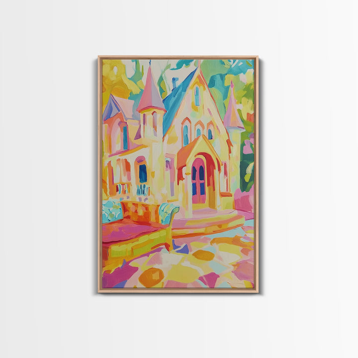 Pastel Storybook Castle With Swan Framed Canvas Print, Whimsical Wall Art, Kids Room Decor, Fairy Tale Nursery Gift For Girls Room