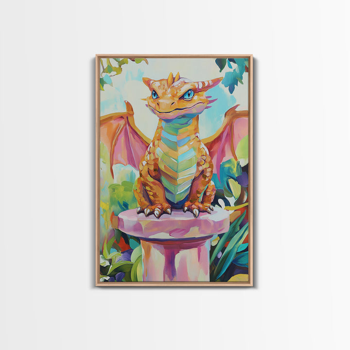 Cute Baby Dragon On Pedestal Canvas Print, Fantasy Wall Art, Whimsical Nursery Decor, Kids Room Art Gift For Dragon Lovers