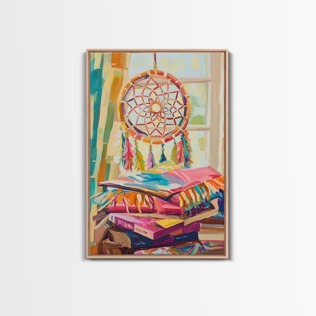 Boho Dreamcatcher And Stacked Books By Window Canvas Print, Whimsical Wall Art, Reading Nook Decor, Colorful Bedroom Art