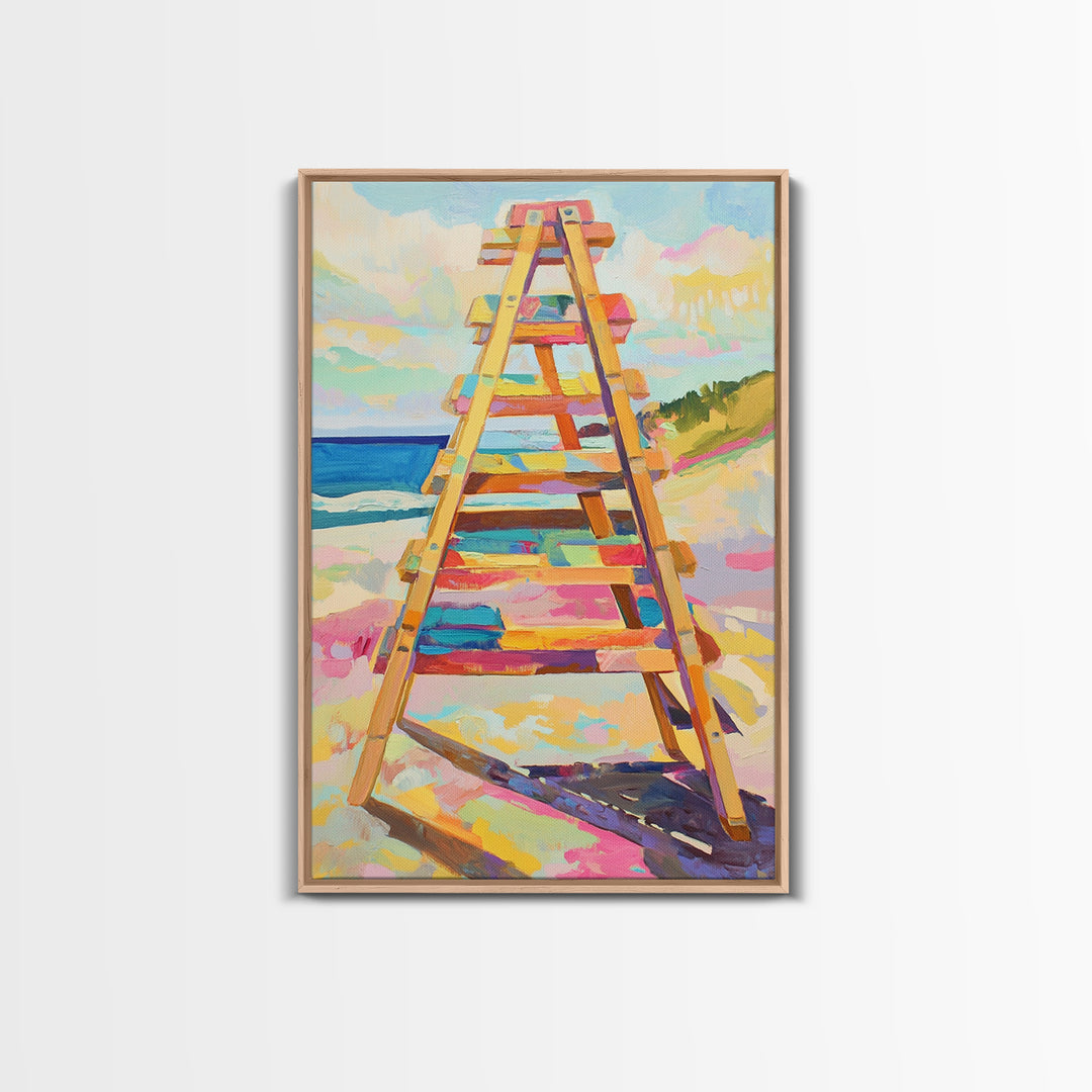 Pastel Beach Ladder Leading To Blue Ocean Wall Art, Coastal Wall Decor, Summer Beach House Decor, Large Canvas Print, Housewarming Gift