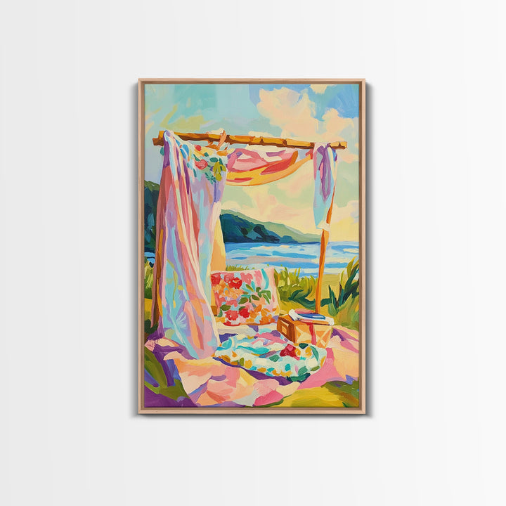 Sunny Beach Cabana Picnic Canvas Print, Coastal Wall Art, Tropical Beach House Decor, Summer Ocean Landscape, Gift For Her