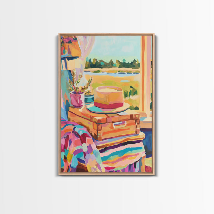 Sun Hat On Suitcase By Coastal Window Wall Art, Travel Canvas Print, Beach House Decor, Summer Bedroom Art, Gift For Her