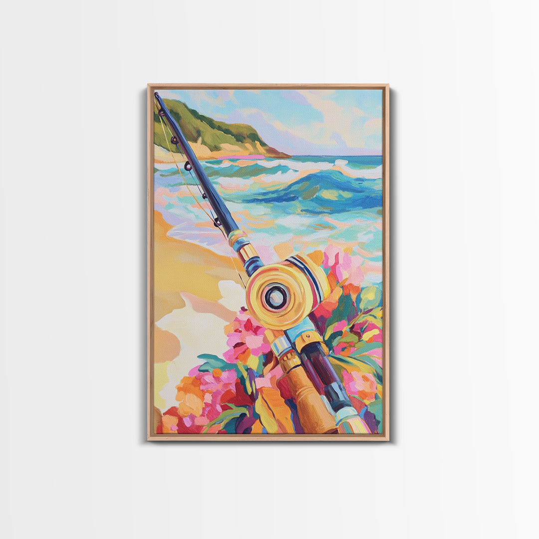 Beach Fishing Rod And Tropical Flowers Canvas Print, Coastal Wall Art, Ocean Wall Decor, Gift For Him, Beach House Decor