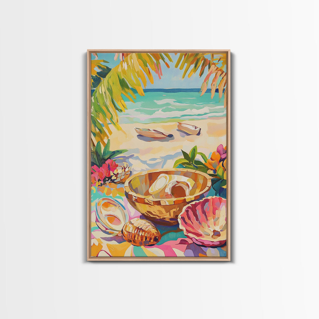 Tropical Seashell Bowl Canvas Print, Coastal Wall Art, Beach House Decor, Ocean Art Print, Summer Living Room Decor, Gift For Her