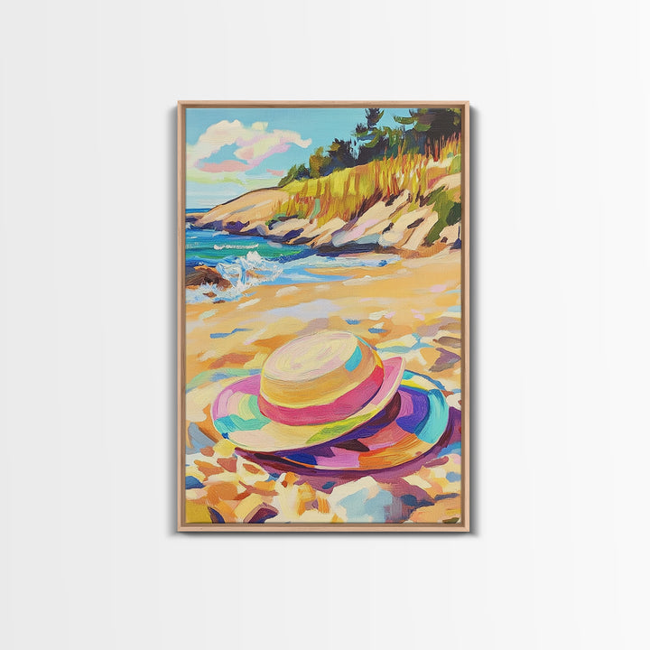 Striped Beach Hat On Shore Canvas Print, Coastal Wall Art, Summer Beach House Decor, Ocean Landscape Art, Gift For Her, Seaside Wall Decor