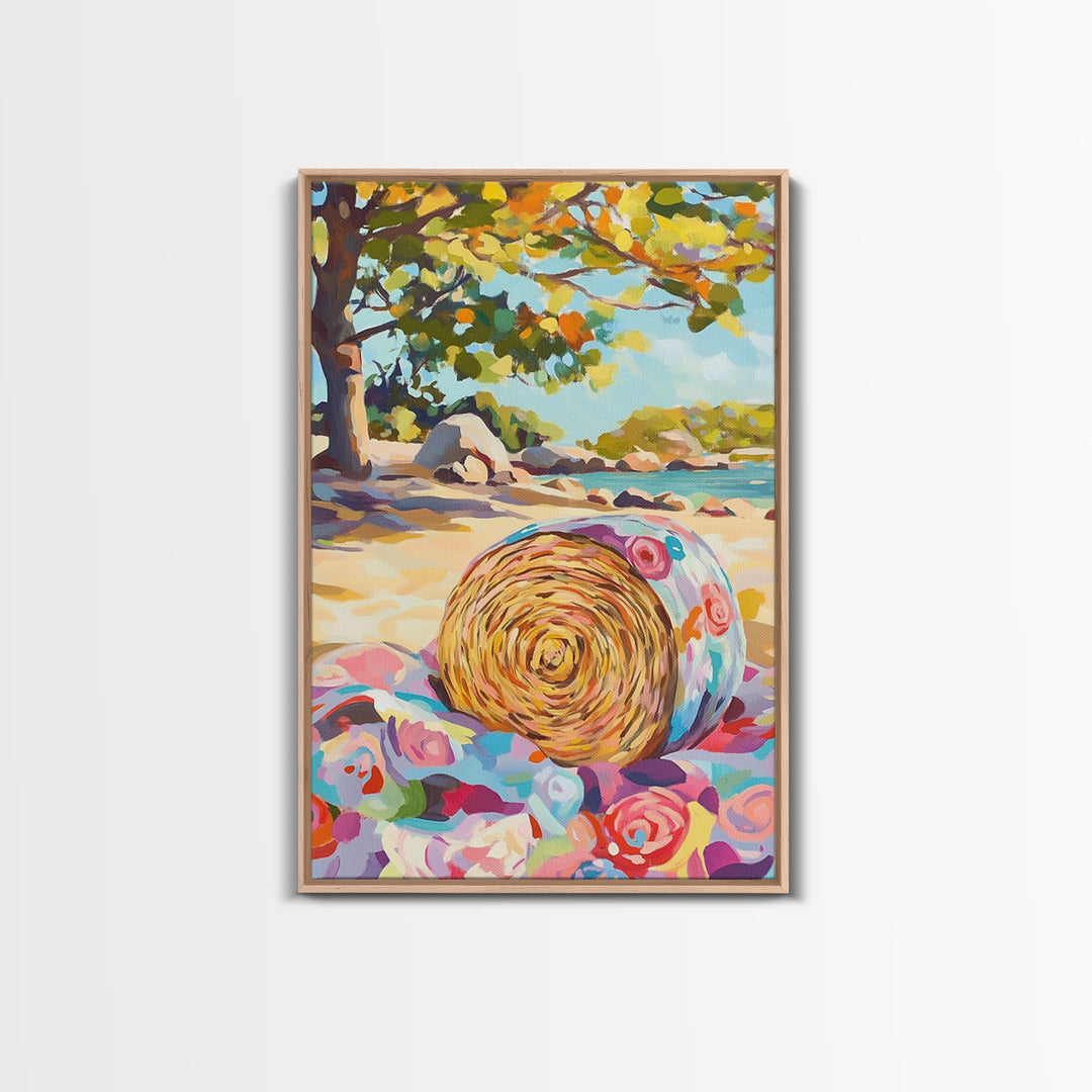 Floral Straw Hat On Sunny Beach Wall Art, Coastal Canvas Print, Tropical Seascape, Beach House Decor, Summer Gift For Her