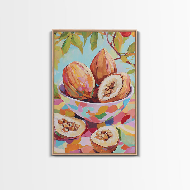 Tropical Cacao Pods In Painted Bowl Wall Art, Colorful Kitchen Canvas Print, Botanical Fruit Still Life, Foodie Home Decor