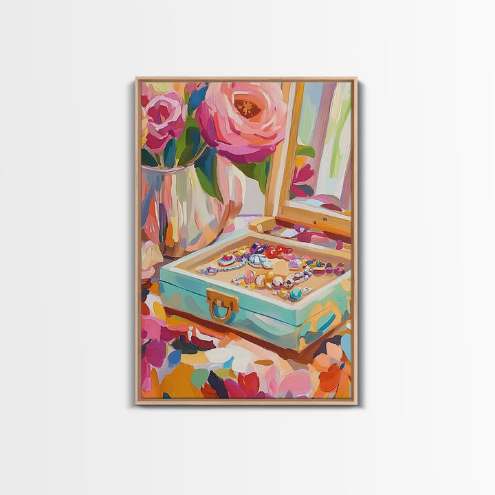 Pink Roses Jewelry Box With Rings Framed Canvas Print, Feminine Vanity Wall Art, Coquette Bedroom Decor, Romantic Gift For Her