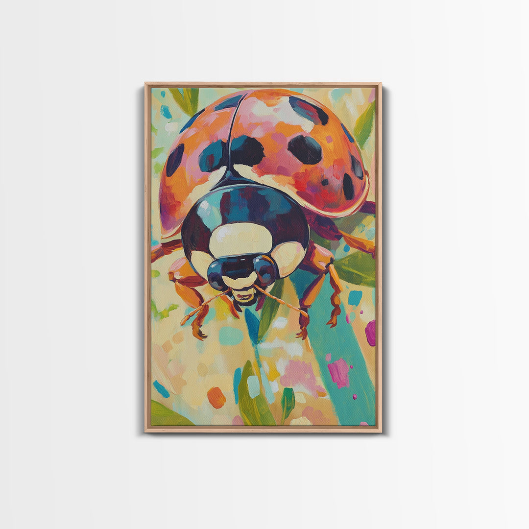 Colorful Ladybug On Green Leaves Canvas Print, Whimsical Animal Wall Art, Nature Inspired Decor, Nursery Art, Garden Lover Gift
