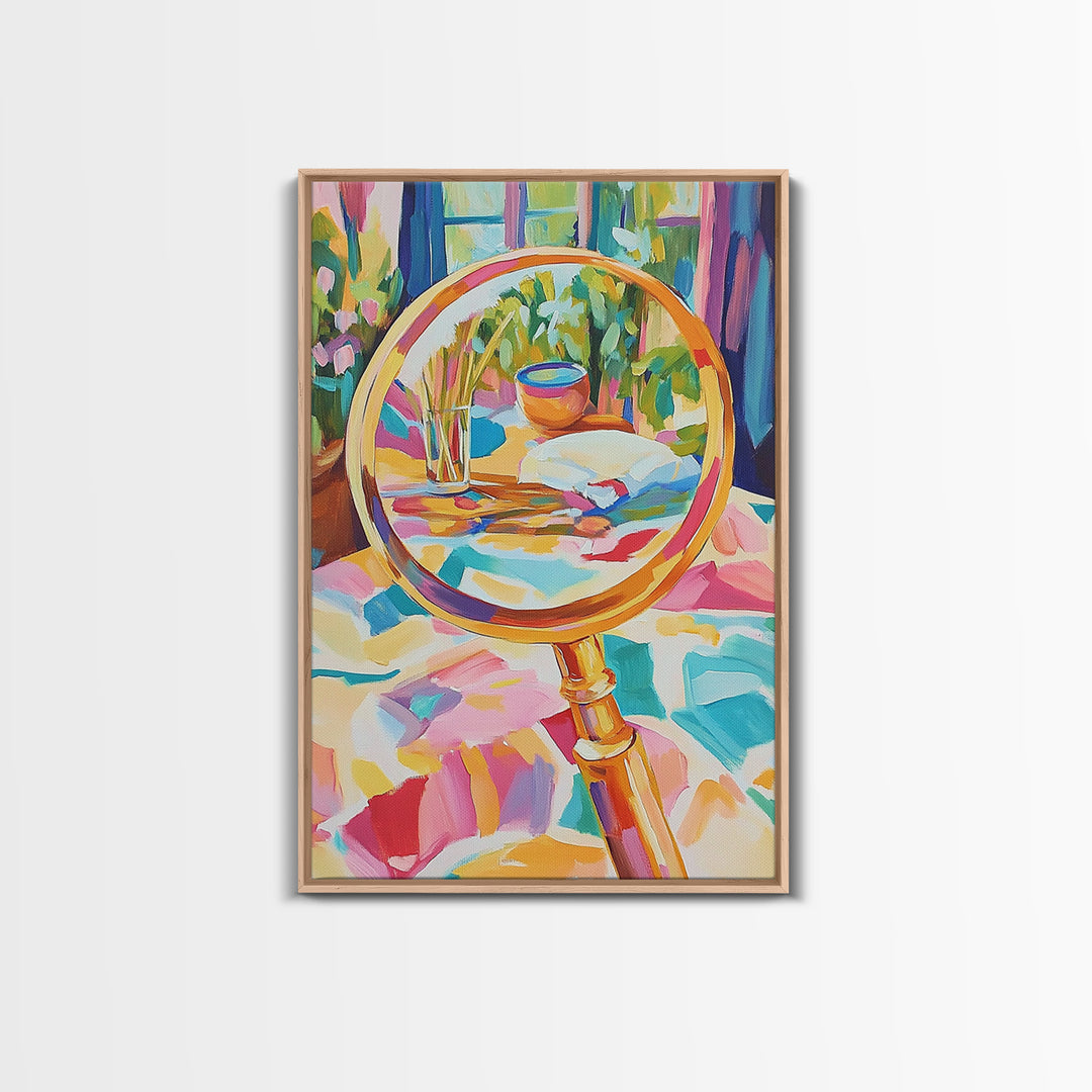 Gold Magnifying Glass With Garden View Canvas Print, Eclectic Wall Art, Botanical Wall Decor, Colorful Still Life Art Print