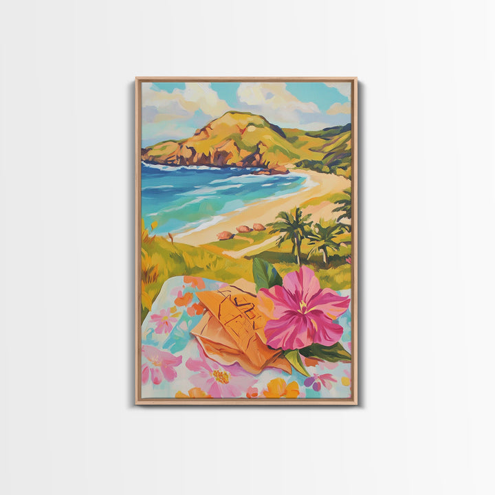 Tropical Beach View With Hibiscus Canvas Print, Coastal Wall Art, Ocean Wall Decor, Summer Landscape, Beach House Decor Gift