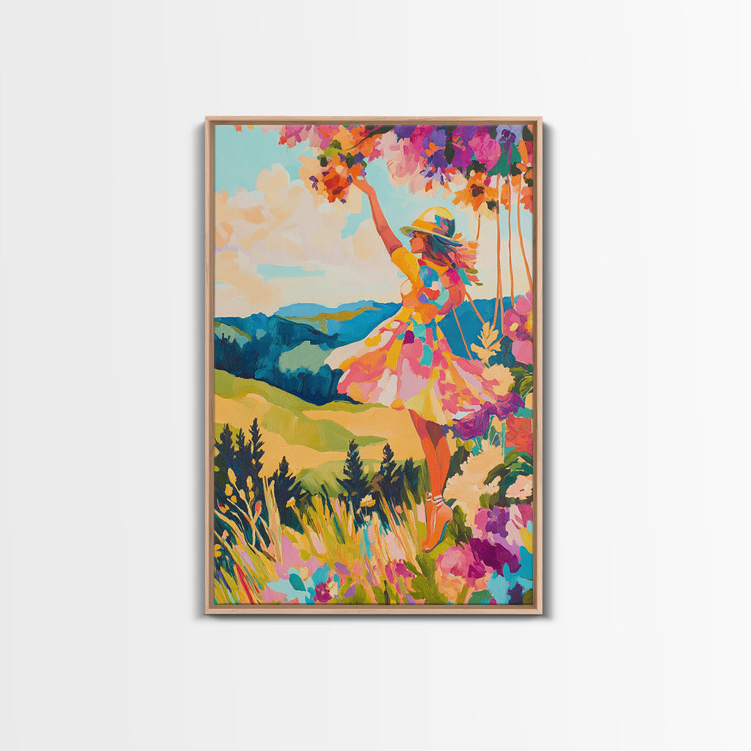 Joyful Woman In Mountain Flower Meadow Framed Canvas Print, Colorful Wall Art, Feminine Art, Landscape Art, Gift For Her