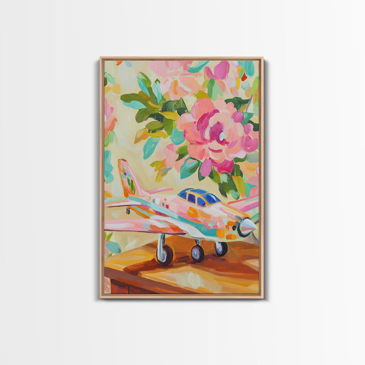 Pink Floral Toy Airplane Canvas Print, Whimsical Aviation Nursery Decor, Kids Room Wall Art, Bright Baby Girl Room Gift Idea