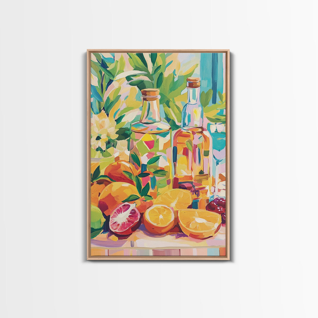 Sunlit Citrus Bottles And Tropical Fruit Canvas Print, Coastal Kitchen Wall Art, Colorful Still Life Dining Room Decor Gift