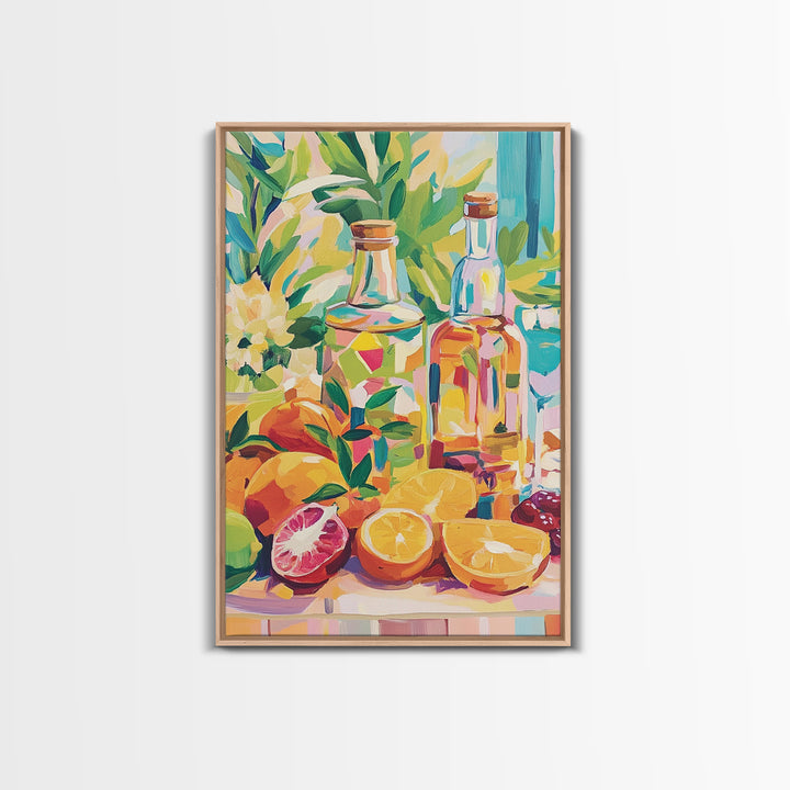 Sunlit Citrus Bottles And Tropical Fruit Canvas Print, Coastal Kitchen Wall Art, Colorful Still Life Dining Room Decor Gift
