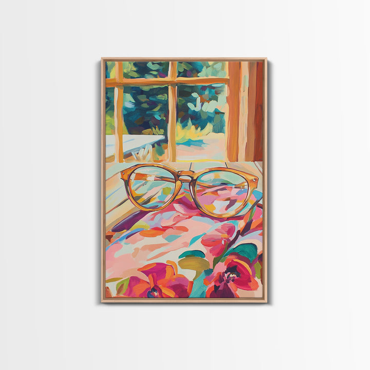 Tortoise Glasses On Floral Fabric Wall Art, Cozy Reading Nook Canvas Print, Book Lover Decor, Feminine Home Decor, Gift For Her