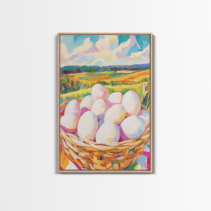 Farm Fresh Eggs In Wicker Basket Wall Art, Country Landscape Canvas Print, Rustic Farmhouse Kitchen Decor, Housewarming Gift