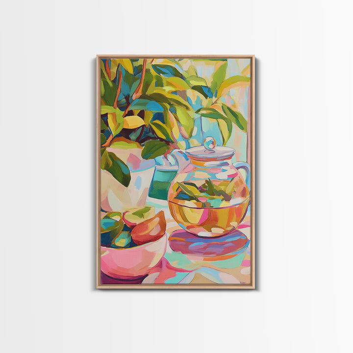 Sunlit Glass Tea Jar With Plants Canvas Print, Botanical Kitchen Wall Art, Colorful Home Decor, Still Life Art Print, Gift